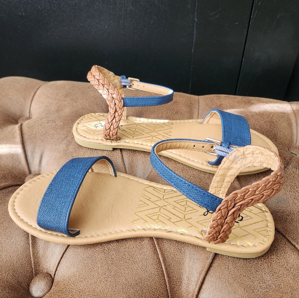 Women's Qupid Blue and Tan Braided Sandals